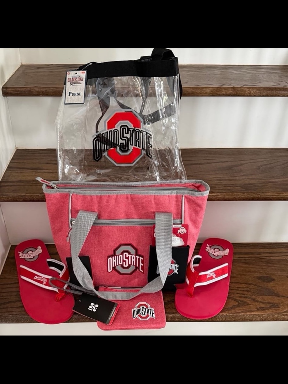 NEW 5 ITEM BUNDLE Ohio State Buckeyes Cooler Clear Bag Wristlet FlipFlops Koozie